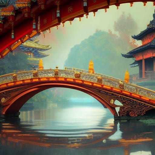 Ornate Buddhist Temple and Bridge in Hyperdetailed Style