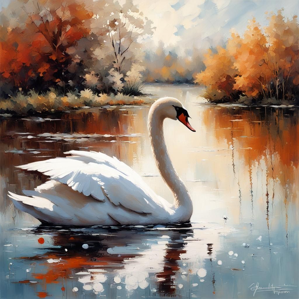 Dreamy Swan on Lake in Surreal Pointillist Style