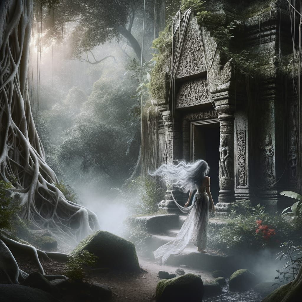 Ethereal Woman at Overgrown Jungle Temple