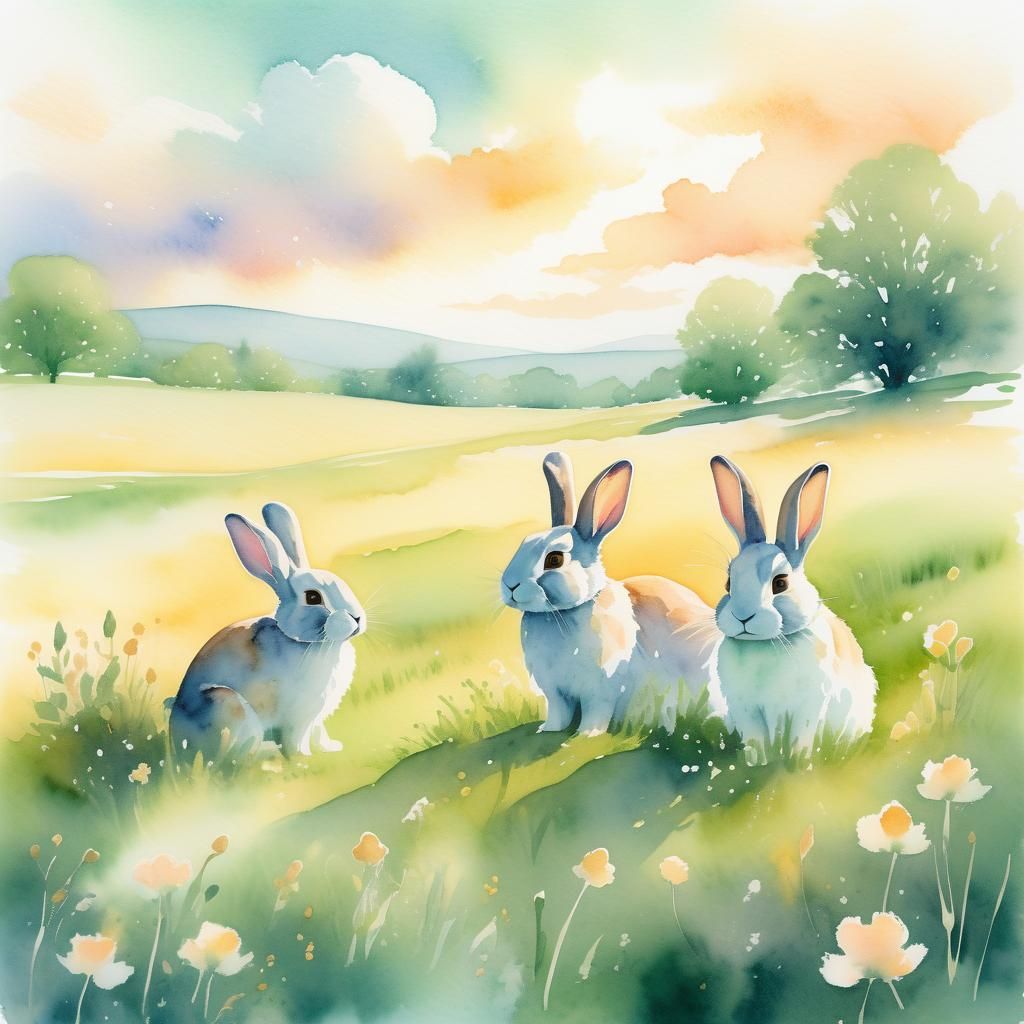 Dreamy Watercolor Rabbits in a Lush Meadow