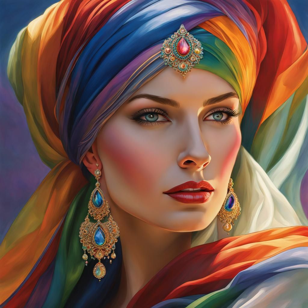Rainbow Headscarf Portrait in Digital Art Style