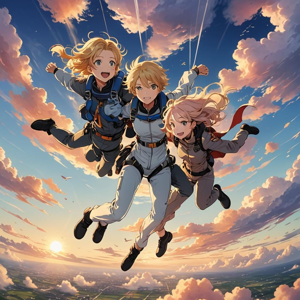Romantic Skydiving Anime Couple in Pastel Colors
