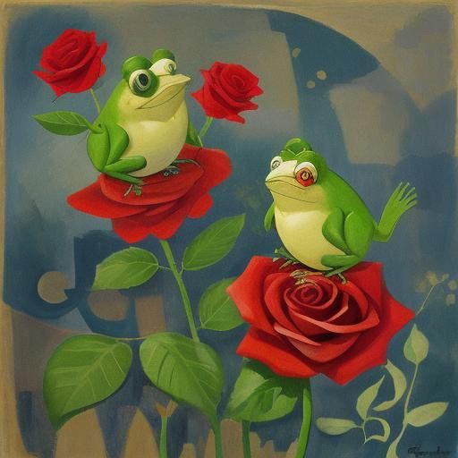 Red Rose and Anxious Frog in Cubist Style