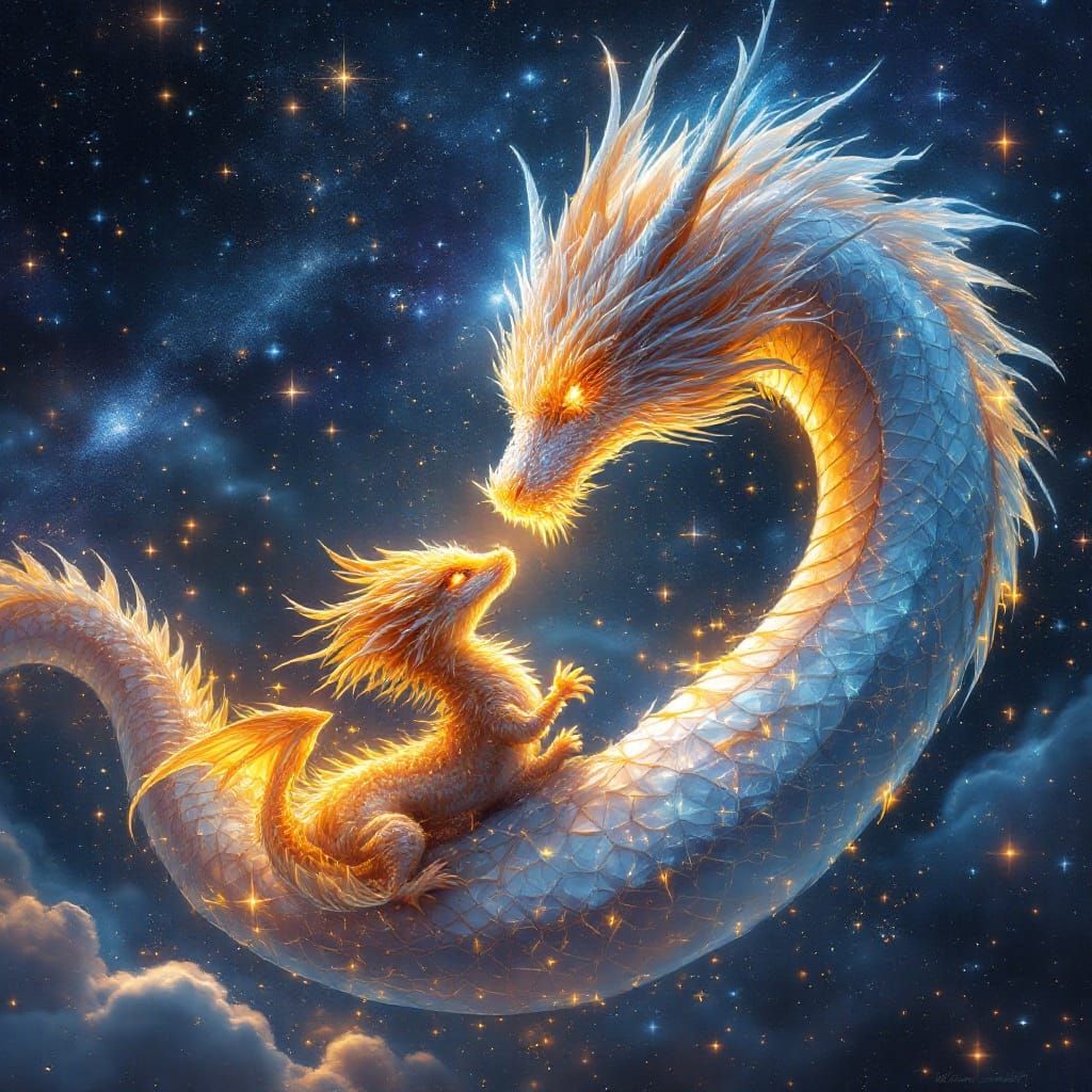 Mother Dragon and Golden Dragon Baby Soar Through Celestial ...