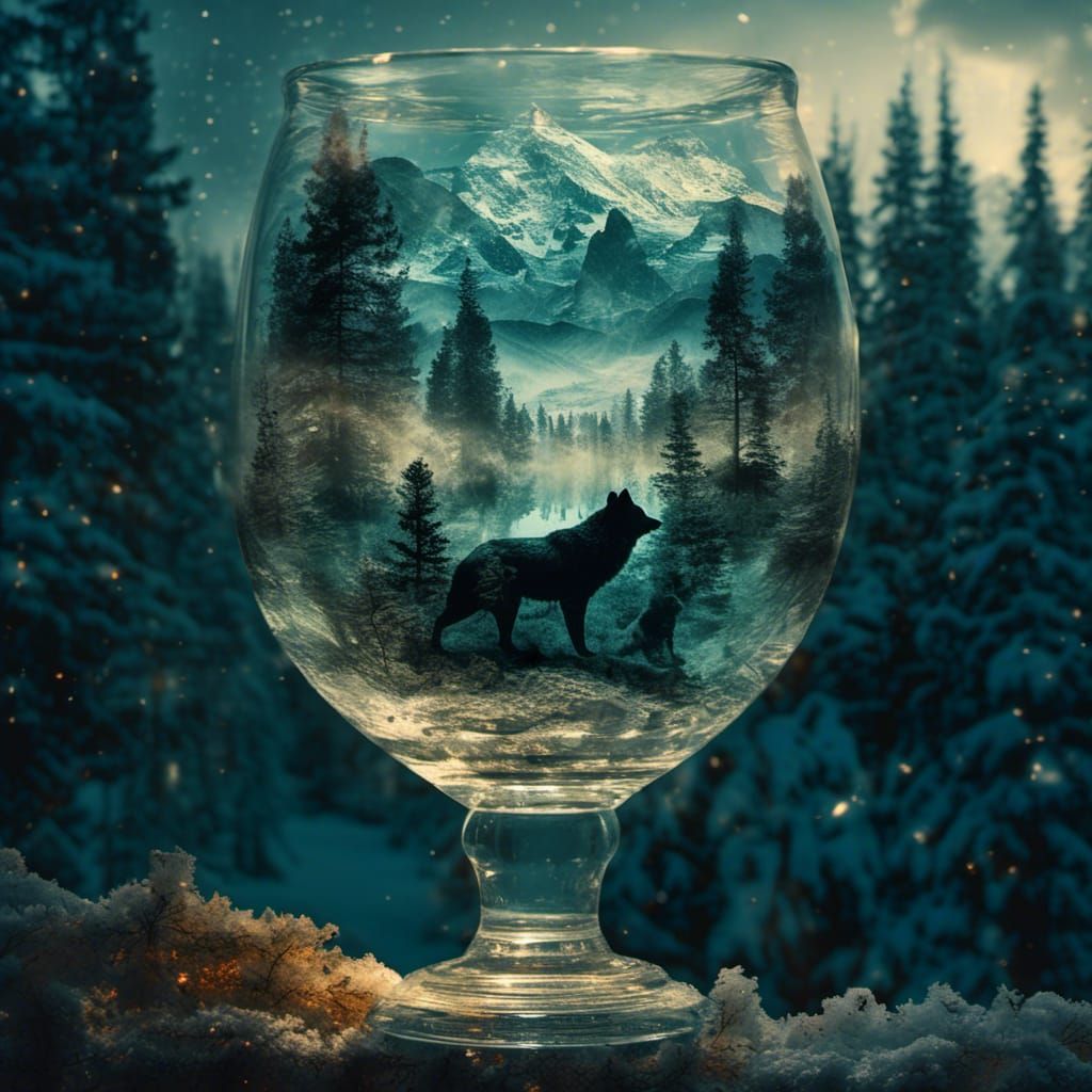 Double Exposure: Wolf and Bear in Crystal Goblet