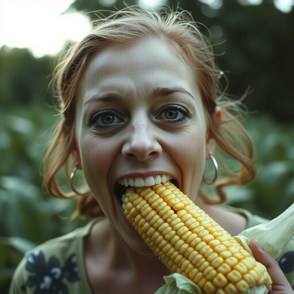 Eerie Woman Eating Corn in Sharp Focus