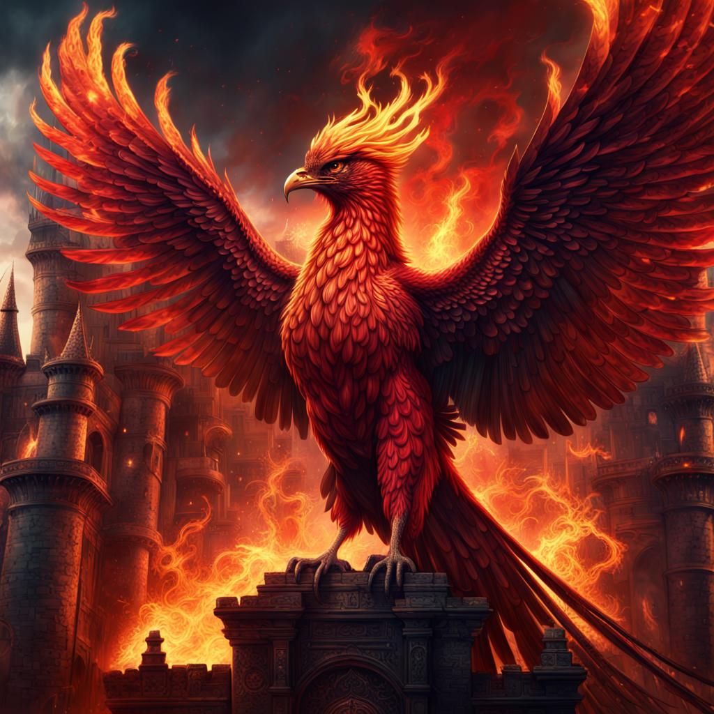 Fiery Phoenix Rises from Castle Ruins