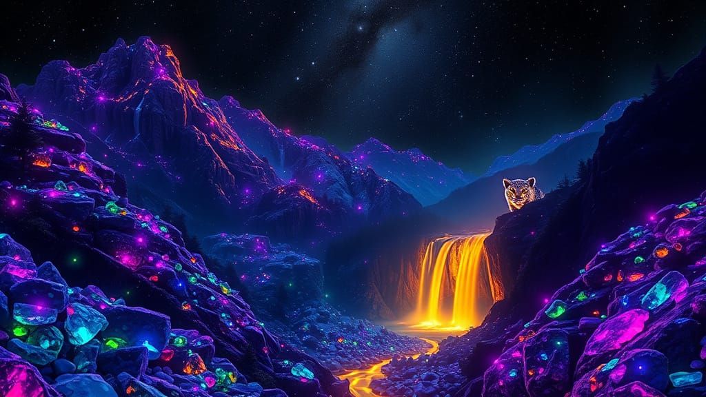 Midnight Forest of Radiant Splendor with Majestic Snow Leopa...