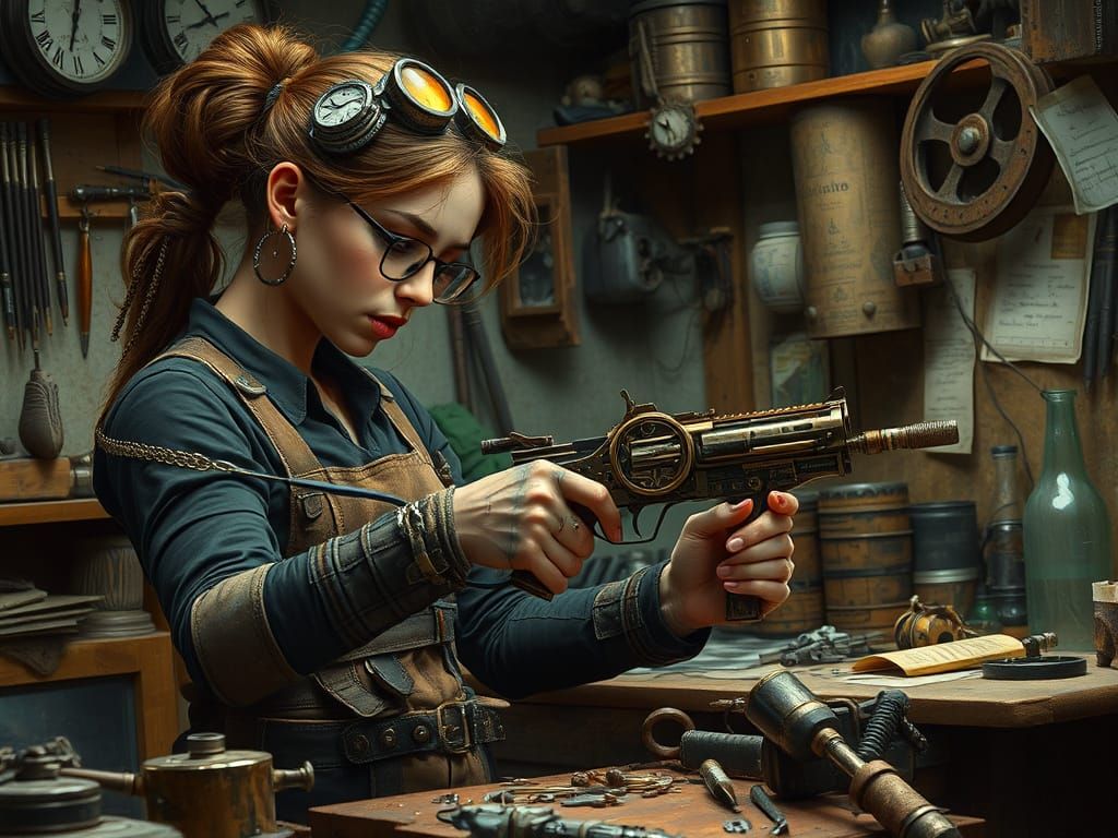Steampunk Inventor at Work in Her Gadget-Filled Workshop