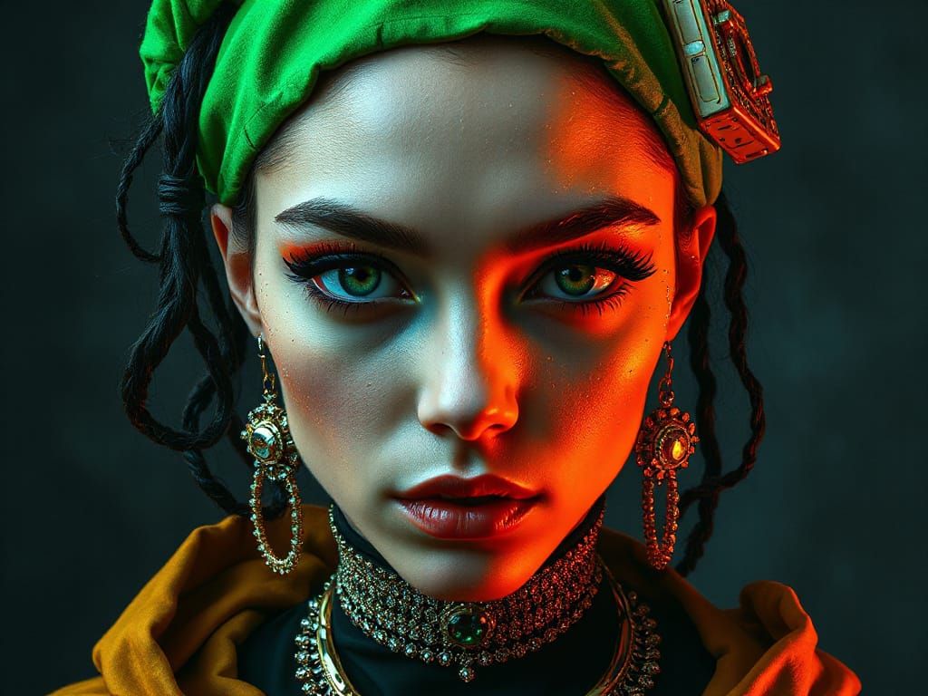 Neon Green and Orange Woman Portrait in Maximalist Style