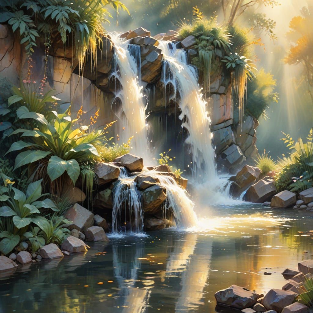 Magical Waterfall in Watercolour Painting Style