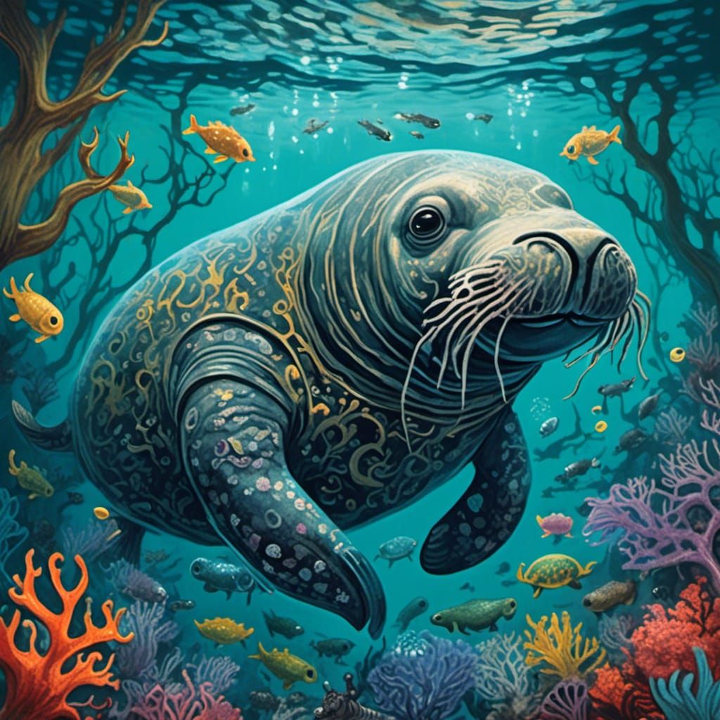Surreal Manatee Family in Vivid Underwater Scene