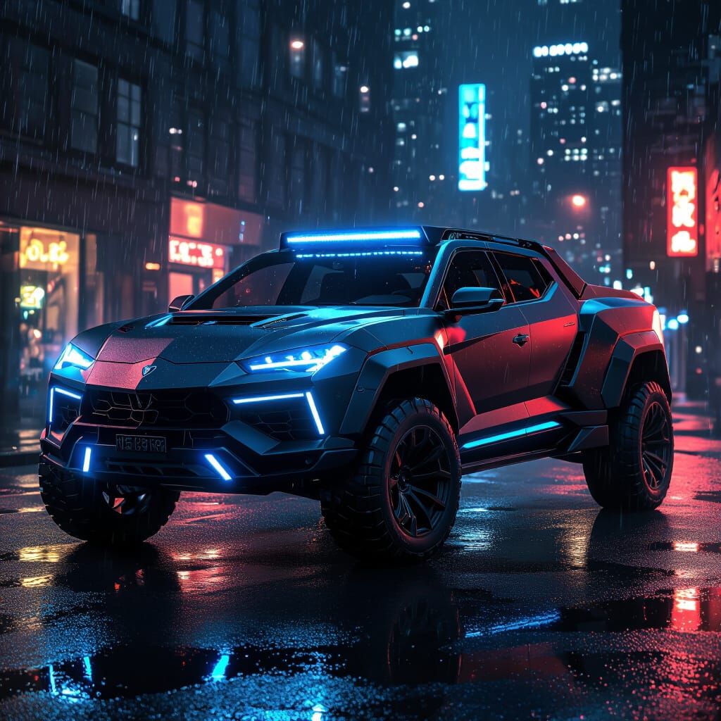 Futuristic Lamborghini Truck on Neon City Street