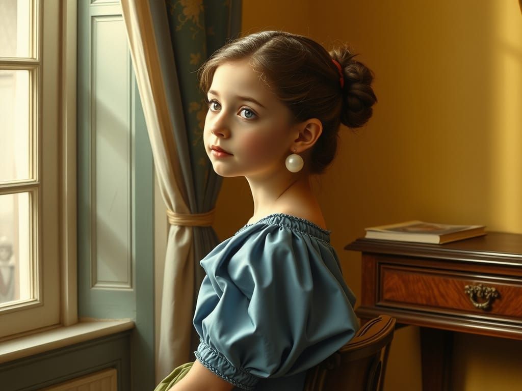 Young Woman in Ocre and Ivory Chamber, Inspired by Vermeer