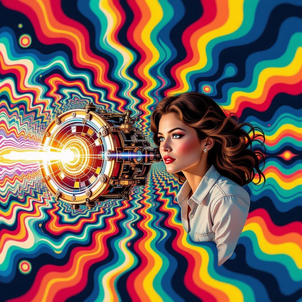 Woman Time Traveler in Steampunk Engine With Abstract Backgr...