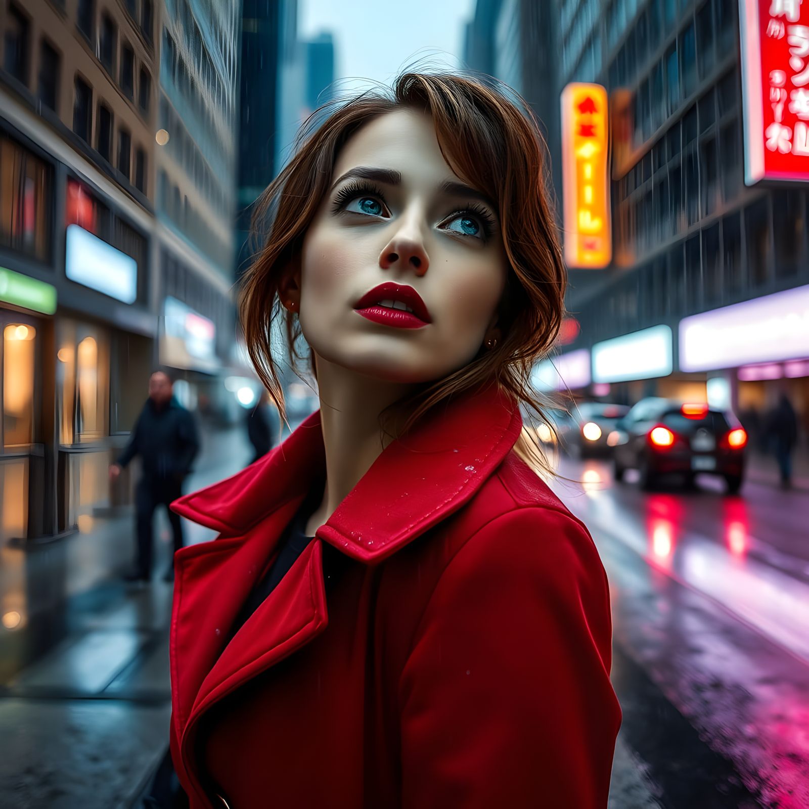 Woman in Red Coat Gazing at Colorful Rain
