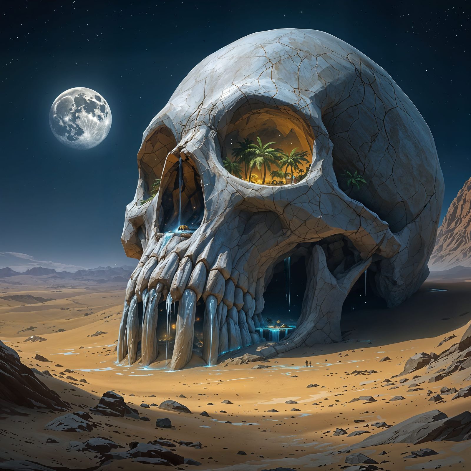 Ancient Desert Beast's Hidden Oasis in Starry Night