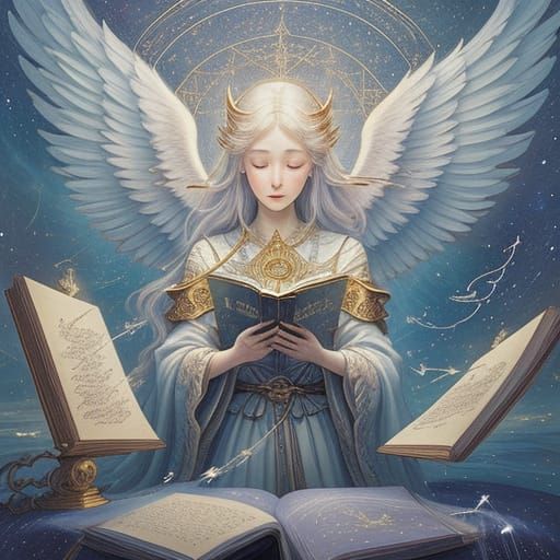 Angelic Scholar Amongst Floating Tomes: Fantasy Art