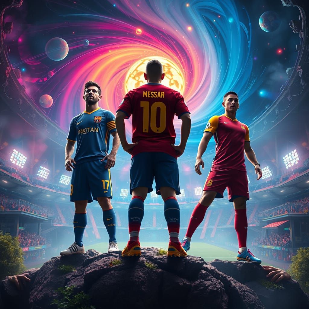 Heroic Football Legends in a Swirling Vortex of Color