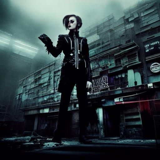 Goth Model in Cyberpunk Ruins with Neon Glow