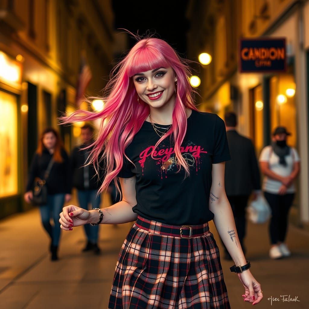 Pink Haired Woman Dancing in City Streets