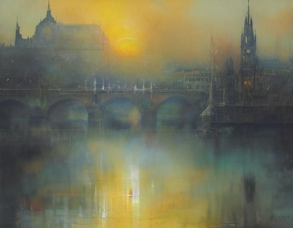 Golden Sunset Over Prague Bridge in Watercolor Style