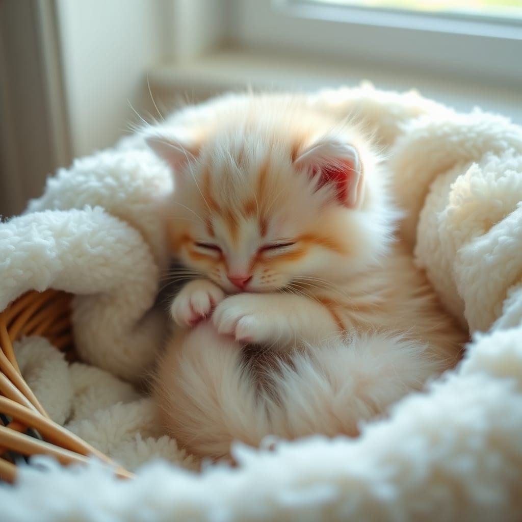 Tiny, Fluffy Kitten in a Cozy Wicker Basket