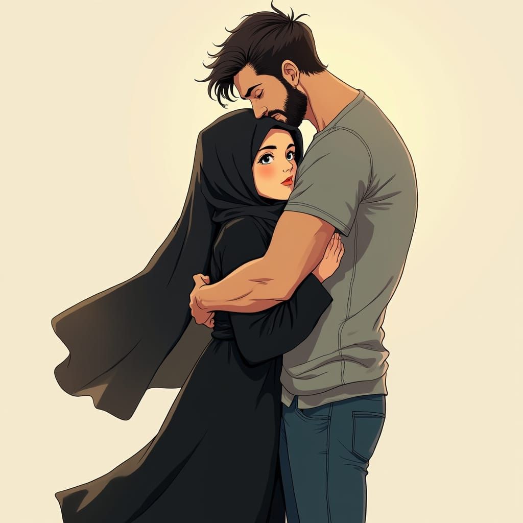 Anime Girl in Black Abaya Receives Tender Hug from Chiseled ...
