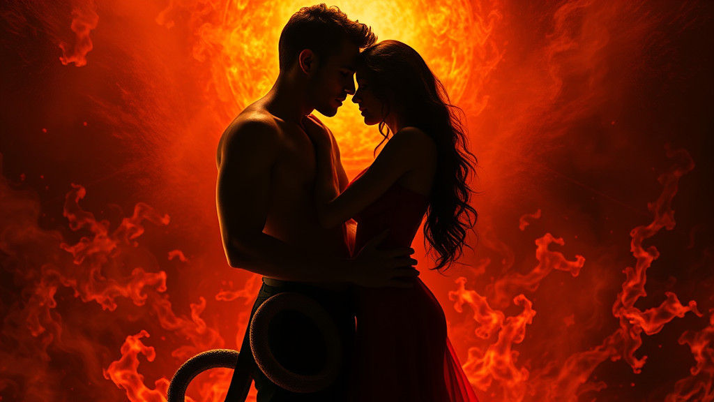 Sensual Embrace in Fiery Biomechanical Landscape