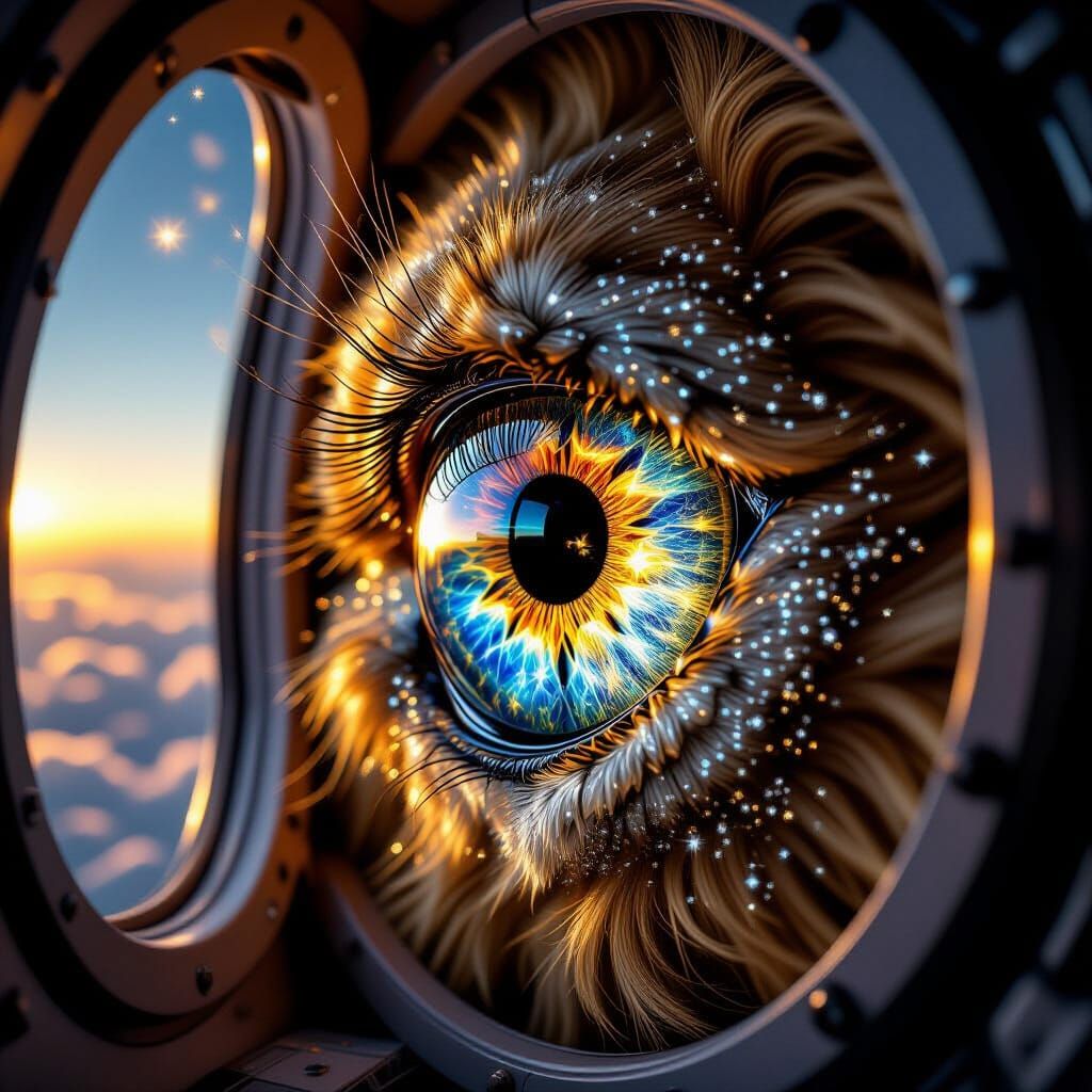 Stardust Lion Eye Gazing from Rocket, Hyperrealism