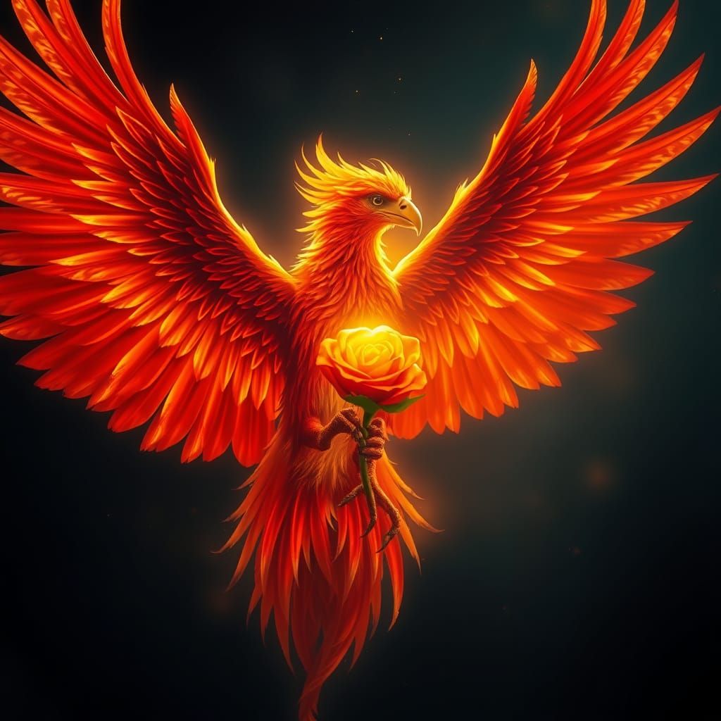 Fiery Phoenix with Radiant Heart and Rose