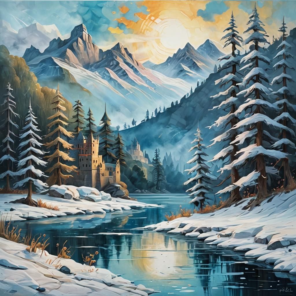 Whimsical Castle Ruin Rises from Icy Dawn Mist