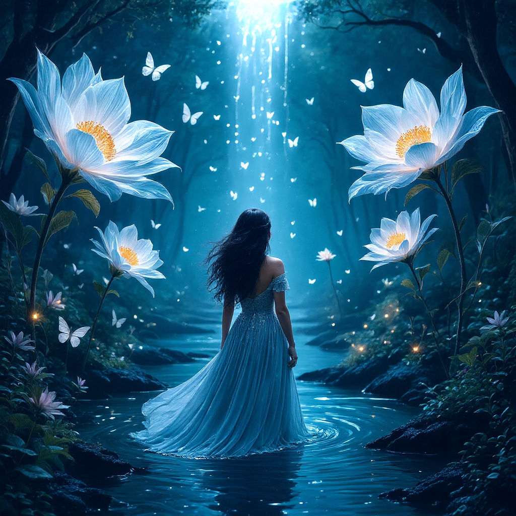 Ethereal Forest at Night: Luminous Flowers and Floating Rive...