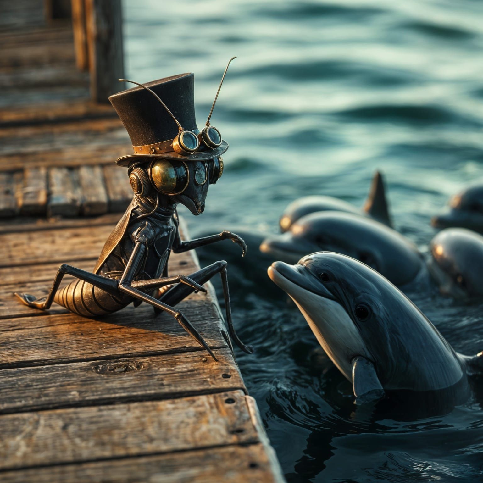 Mechanical Alien Grasshopper Conversing with Dolphins