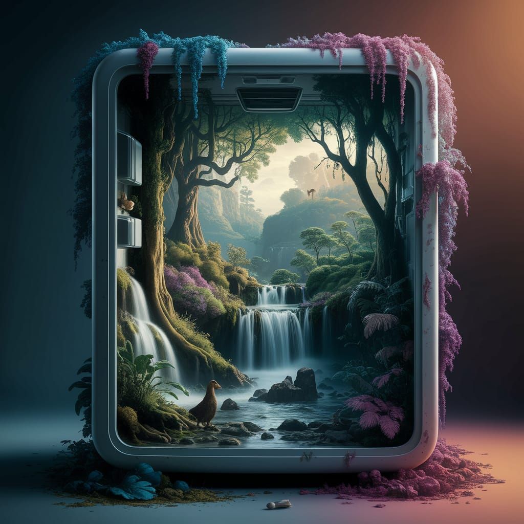 Rainforest Refrigerator: Hyperrealistic Fantasy Scene