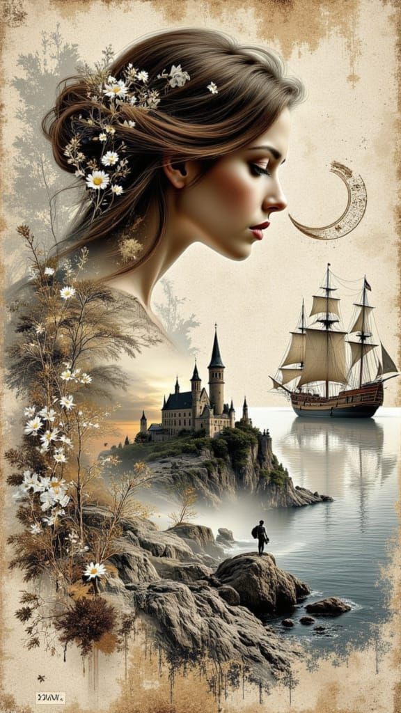 Melancholy Woman Merges with Castle in Double Exposure Fanta...