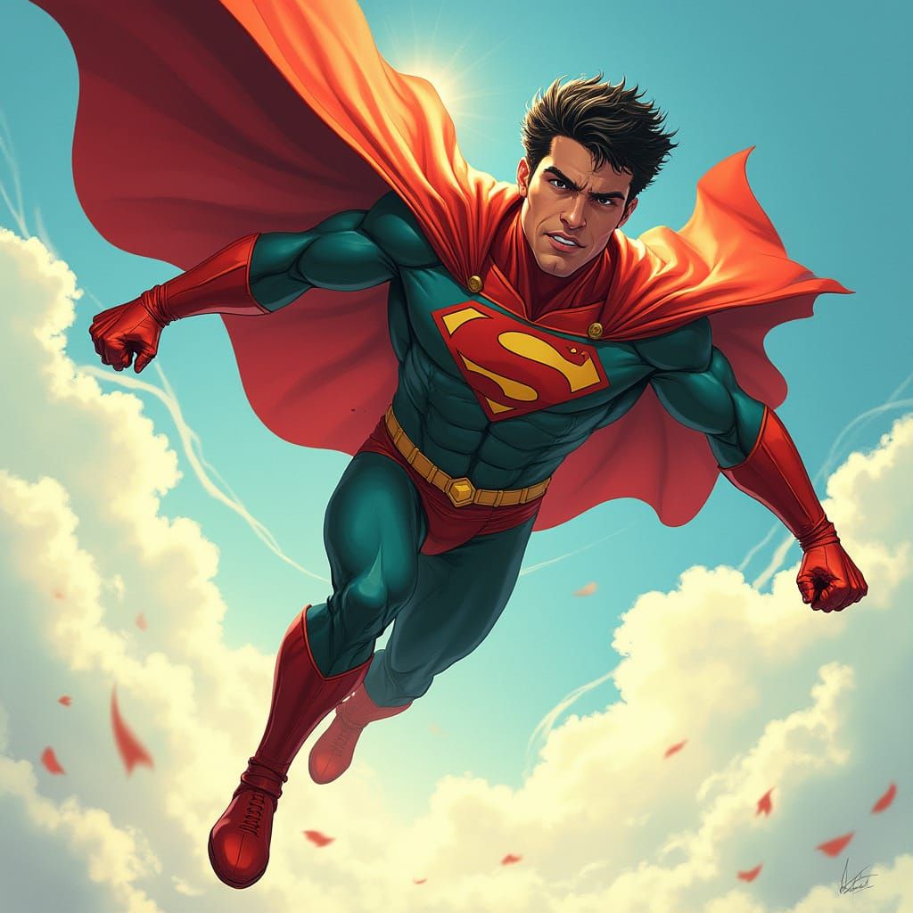 Superhero Icon Soars Through the Sky in Vibrant Comic Book S...