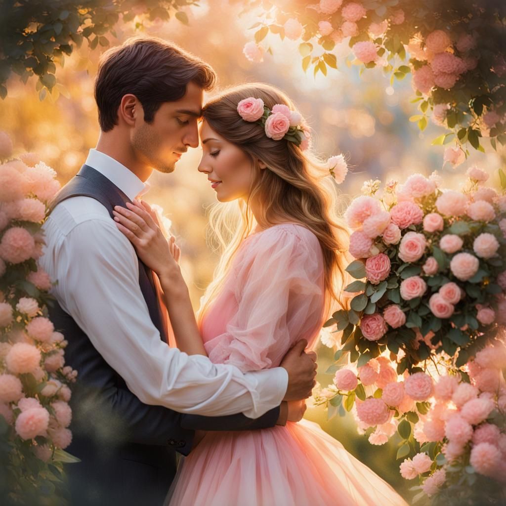 Embrace in Golden Light: Romantic Realism Garden Scene