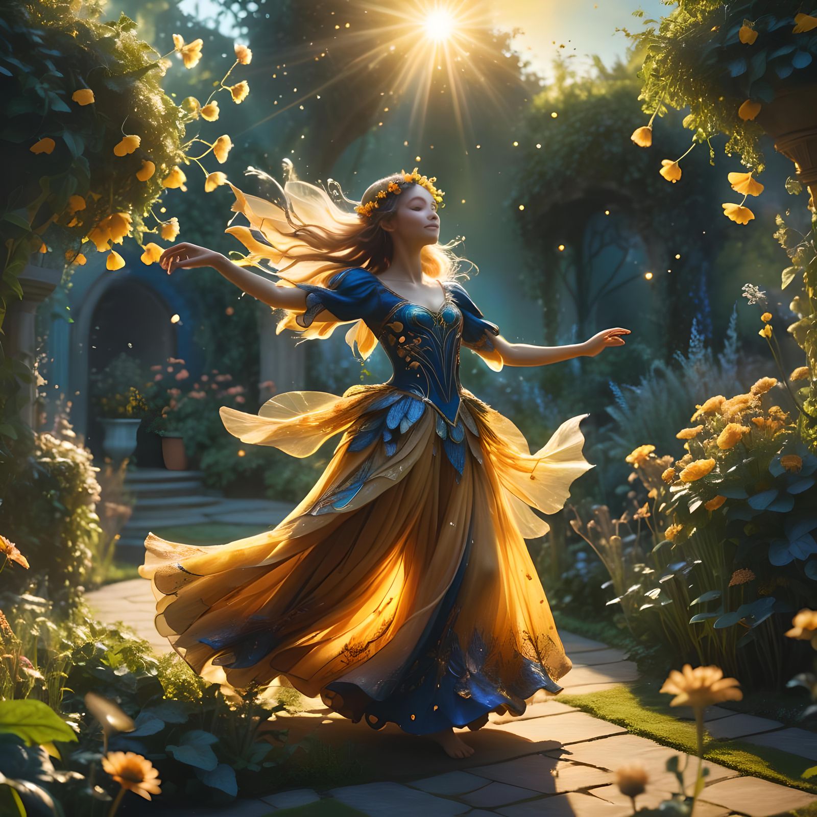 Fairy Dances in Garden at Sunrise: Fantasy Art
