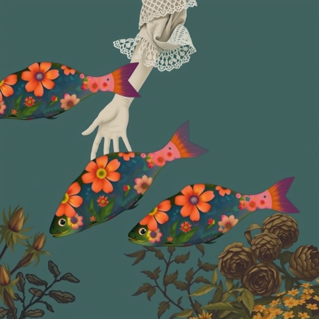 Pop Art Collage: Hand Reaching for Floral Fish