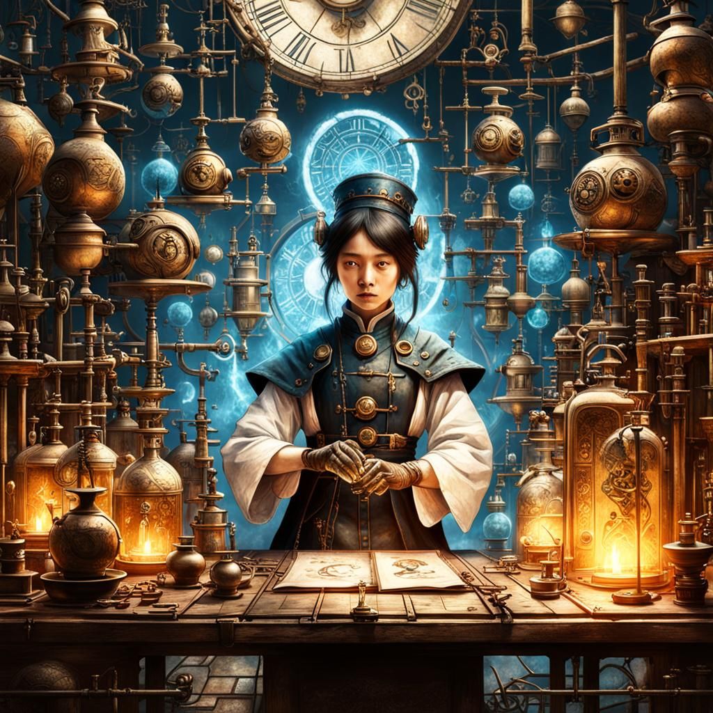 Steampunk Alchemist in Laboratory with Blue Fire