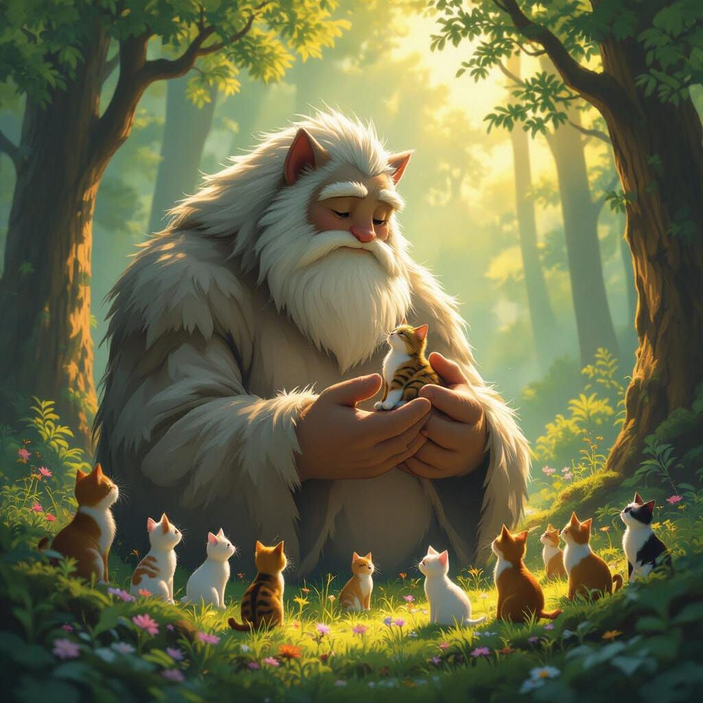 Giant Tenderly Holds Tabby Cat Amidst Curious Felines