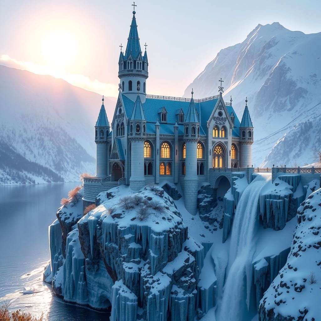 Elegant Gothic Ice Castle Amidst Snowy Mountains and Waterfa...