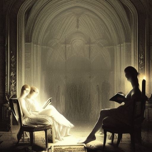 Muses Around Book in Gothic Horror Style