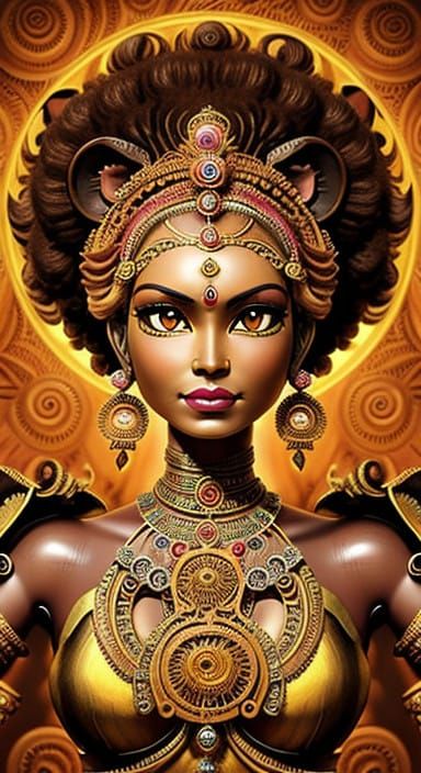 Steampunk Queen of Sheba Afro Lioness Goddess in Vibrant Red...