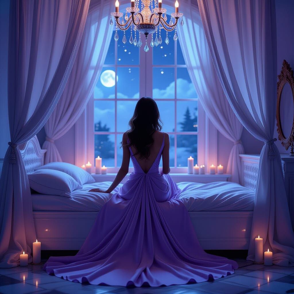 Elegant Woman in Palace Bedroom, Hyperrealistic Cinematic Ar...