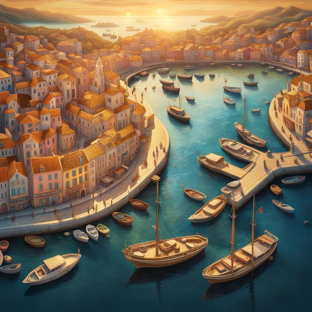 Fantasy Harbor Sunset: Aerial View in Klimt Style