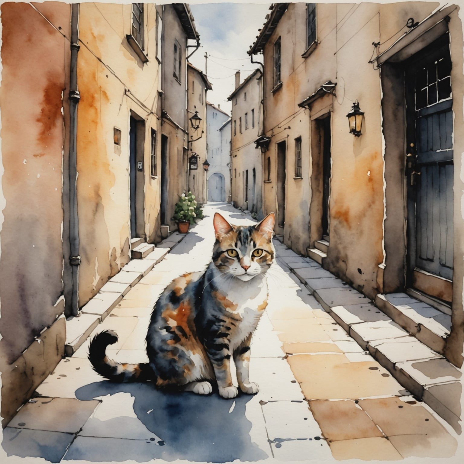 Dreamy Watercolor Cat in a Chilly Alleyway Scene