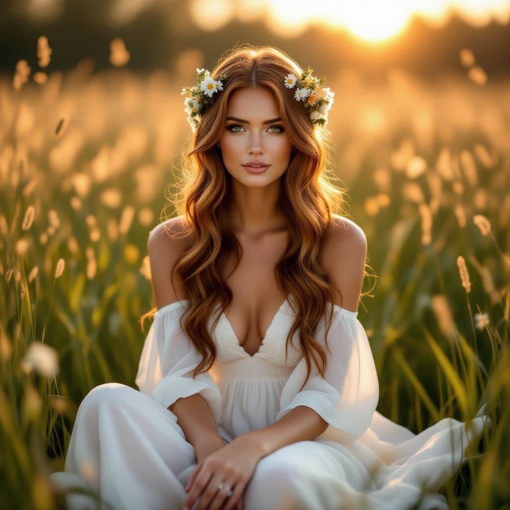 Ethereal Auburn Beauty in Golden Hour Field