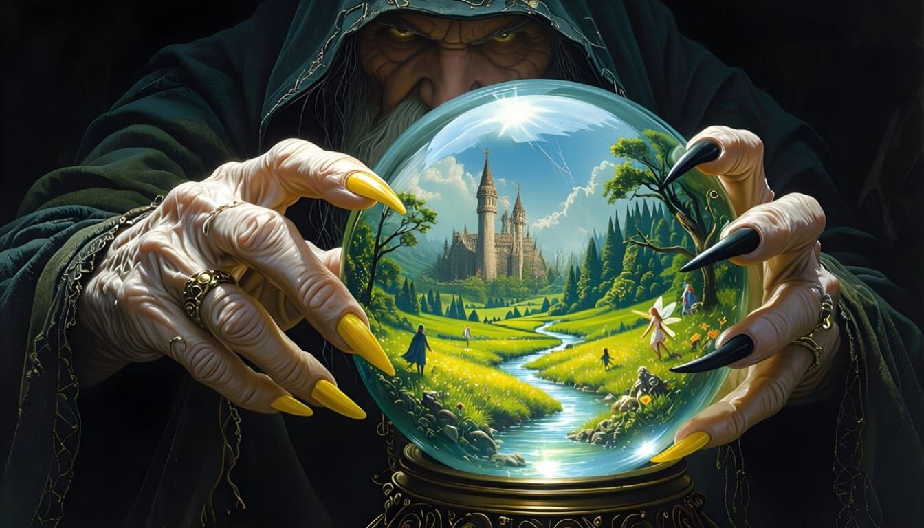 Wizard's Hand Holds Globe with Ethereal World Inside